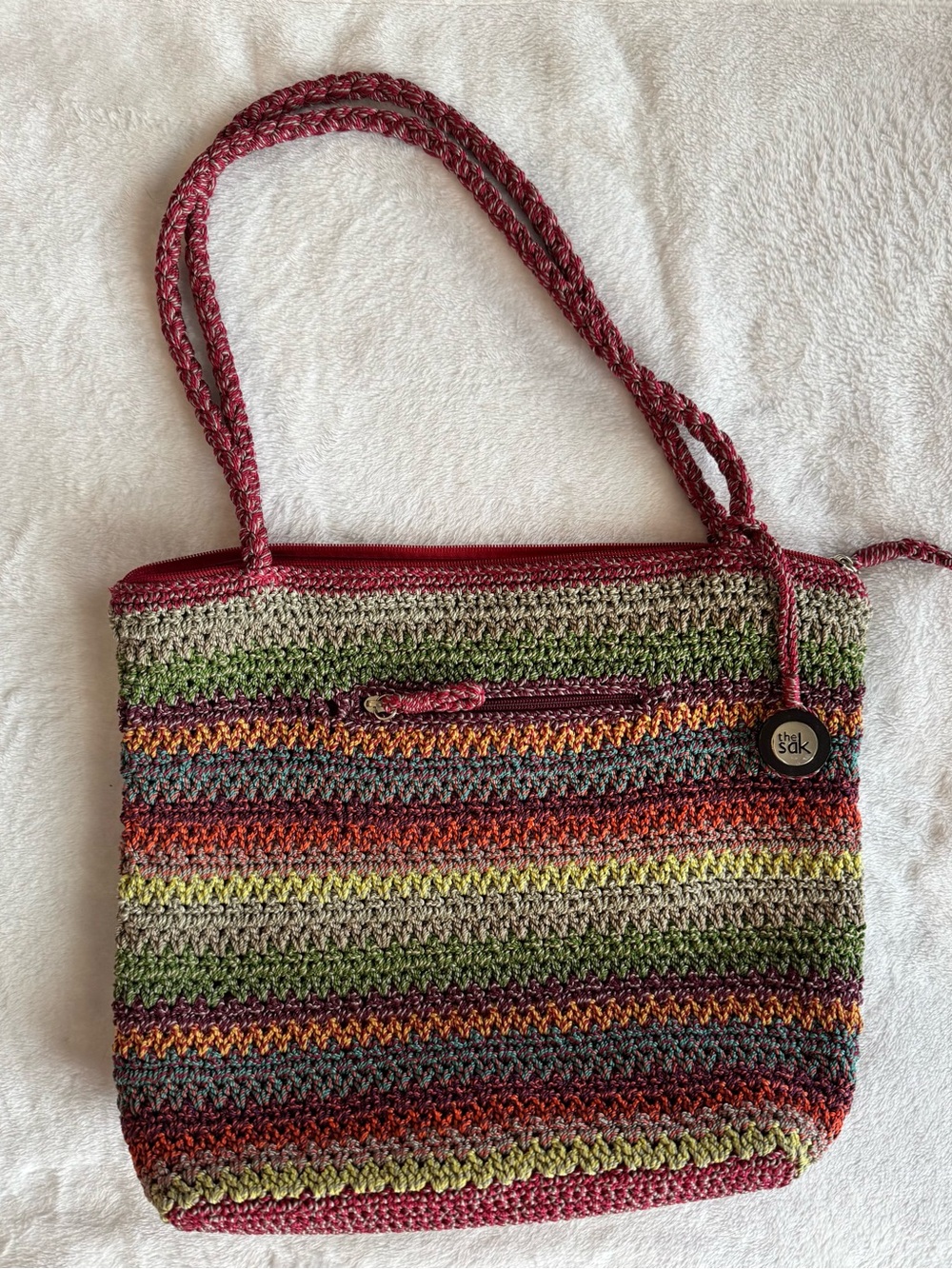 The Sak Striped Crochet Shoulder Bag in Burgundy, Green & Yellow